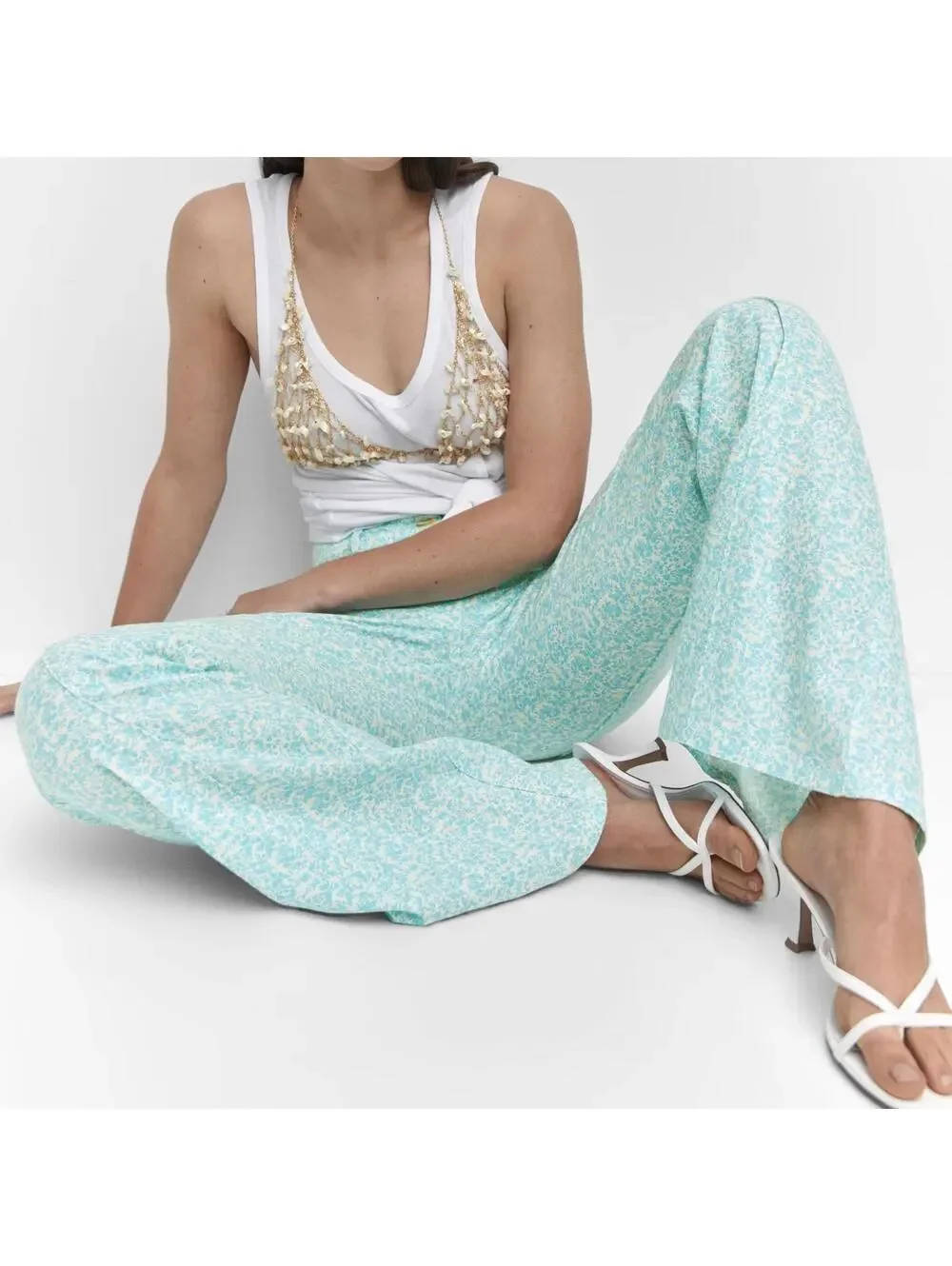 Mango Floral Linen-Blend Flare Pants Turquoise NWT Size 2/XS